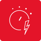 Czerwony kwadrat z białą ikoną przedstawiającą okrągły wskaźnik z igłą oraz błyskawicę poniżej.