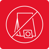 Czerwony kwadrat z białym symbolem worka na odkurzacz przekreślonym linią.