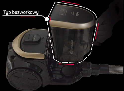 Odkurzacz AMICA Bagio Eco VM 3045 w kolorze czarnym z elementami złotymi, z widocznym pojemnikiem na kurz. Na obrazie znajduje się tekst \'Typ bezworkowy\'.