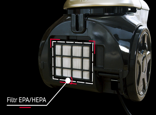 Zdjęcie przedstawia tylną część odkurzacza z widocznym filtrem EPA/HEPA, oznaczonym białą ramką. Obok filtra znajduje się napis \'Filtr EPA/HEPA\'.