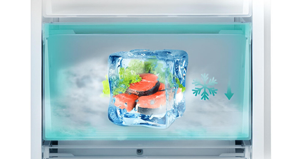 Wnętrze lodówki z szufladą, w której znajduje się kostka lodu z zamrożonymi kawałkami łososia i ziół. Obok kostki lodu widoczny jest symbol płatka śniegu z zieloną strzałką skierowaną w dół.
