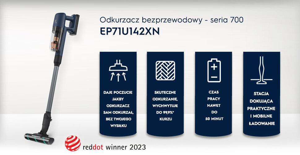 Obraz przedstawia odkurzacz bezprzewodowy z serii 700, model EP71U142XN, z kilkoma ikonami i opisami jego funkcji. Widoczny jest również tekst \'reddot winner 2023\'.