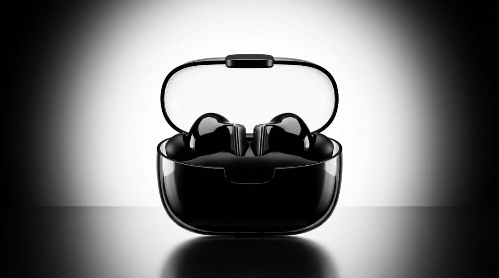 Czarne słuchawki dokanałowe w otwartym etui ładującym, prezentowane na tle z efektem świetlnym. Etui ma błyszczące wykończenie.