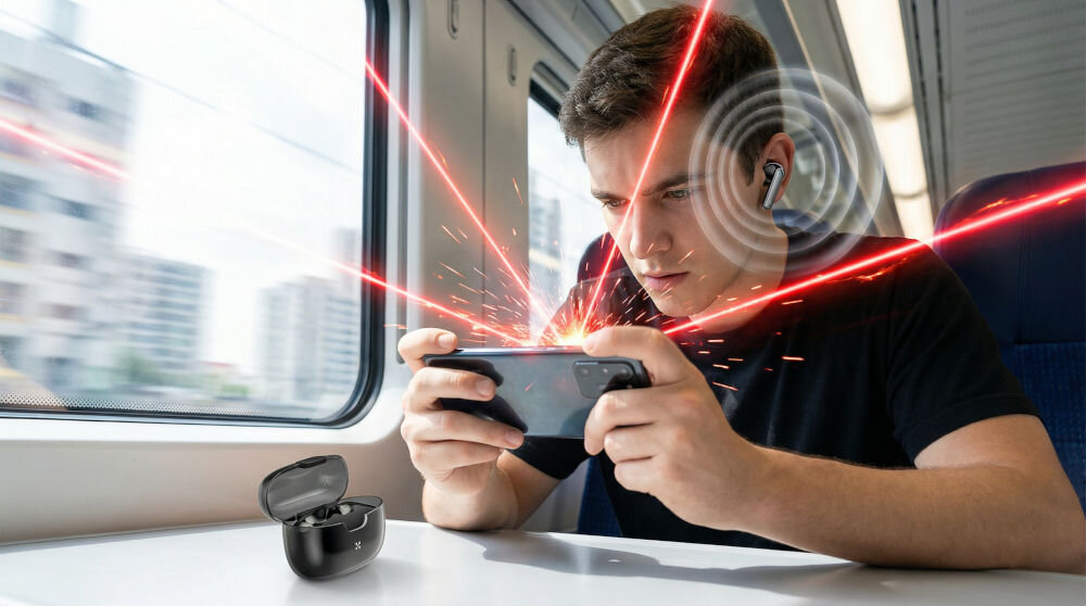 Osoba siedzi w pociągu, grając na smartfonie, z założonymi słuchawkami dokanałowymi. Obok na stoliku znajduje się otwarte etui na słuchawki, a wokół głowy widoczne są efekty graficzne sugerujące dźwięk.