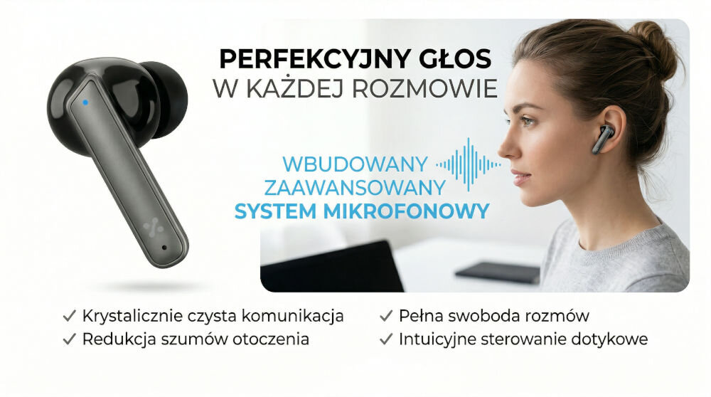 Obraz przedstawia czarne słuchawki dokanałowe z napisem \'PERFEKCYJNY GŁOS W KAŻDEJ ROZMOWIE\' oraz \'WBUDOWANY ZAAWANSOWANY SYSTEM MIKROFONOWY\'. Obok widoczna jest kobieta używająca słuchawek, a poniżej znajdują się punkty: \'Krystalicznie czysta komunikacja\', \'Redukcja szumów otoczenia\', \'Pełna swoboda rozmów\', \'Intuicyjne sterowanie dotykowe\'.