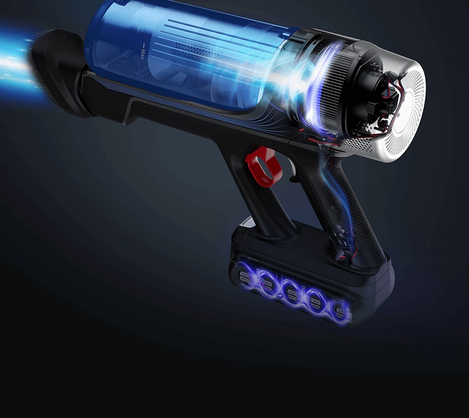 Obraz przedstawia część odkurzacza z przezroczystym niebieskim pojemnikiem i czarną rączką. Widać także elementy mechaniczne i świetlne efekty wizualizujące przepływ powietrza.