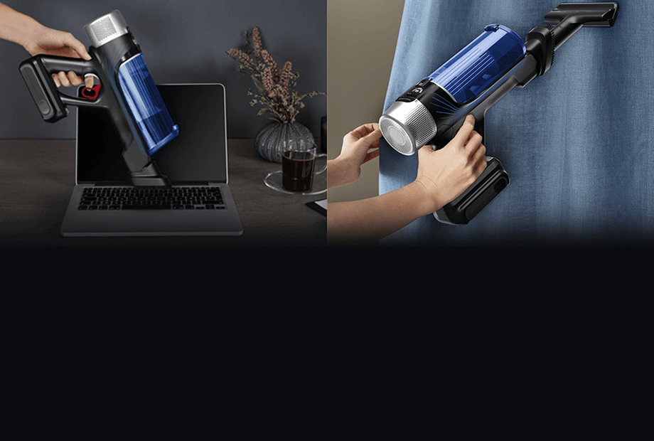 Na obrazie widoczny jest odkurzacz ręczny z niebieskim pojemnikiem, używany do czyszczenia laptopa i zasłony. W tle znajduje się filiżanka z napojem i dekoracyjny wazon.