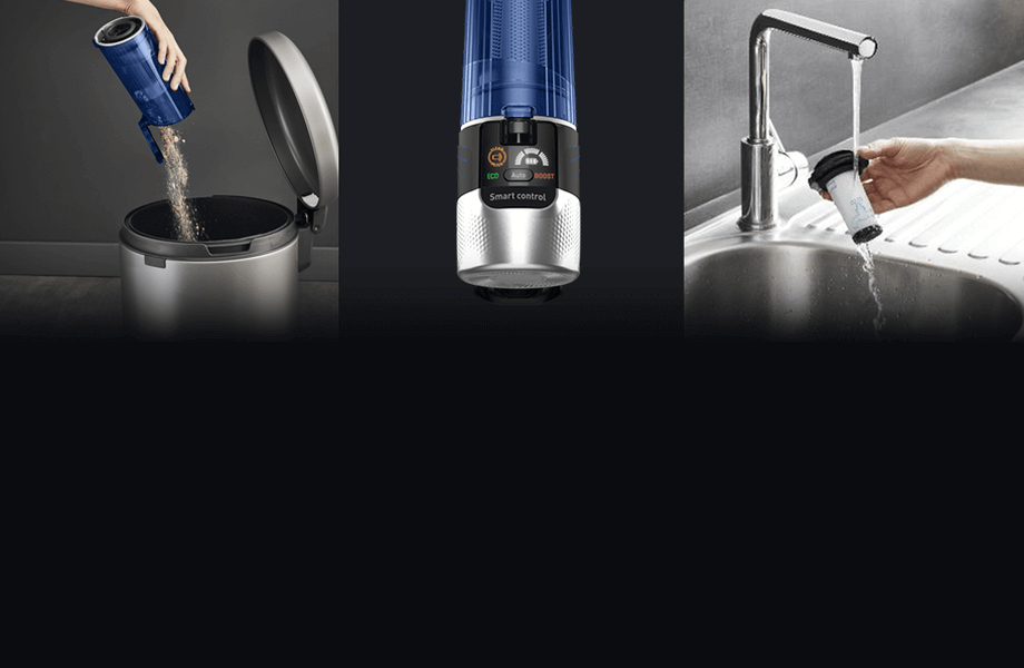 Trzy zdjęcia przedstawiające różne funkcje odkurzacza. Na pierwszym zdjęciu pojemnik na kurz jest opróżniany do kosza, na drugim widoczny jest panel sterowania z napisem \'Smart control\', a na trzecim filtr jest płukany pod bieżącą wodą.