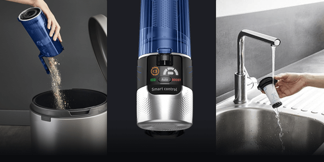 Trzy zdjęcia przedstawiające różne funkcje odkurzacza: opróżnianie pojemnika na kurz do kosza, panel sterowania z trybami Eco, Auto i Boost oraz mycie filtra pod bieżącą wodą.