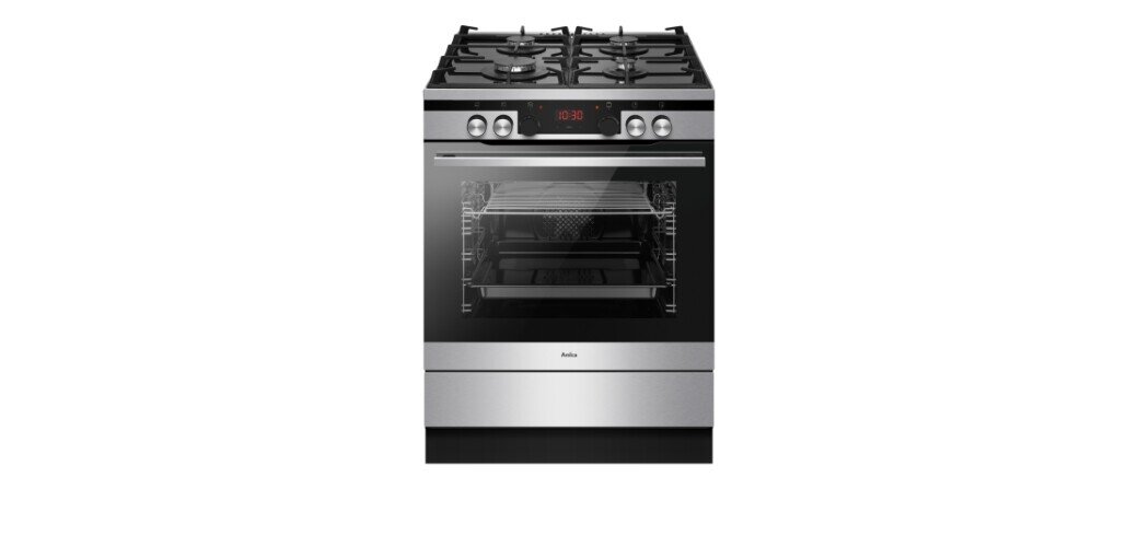 Na obrazie widoczna jest kuchnia wolnostojąca z czterema palnikami gazowymi na górze i piekarnikiem poniżej. Na froncie piekarnika znajduje się logo \'Amica\'.
