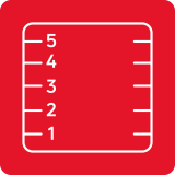 Czerwony kwadrat z białym symbolem prostokąta i numerami od 1 do 5 po lewej stronie.
