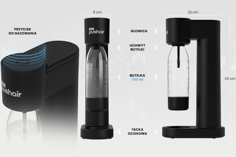 Na zdjęciu widoczny jest czarny saturator z napisem \'pushair\' oraz dwie butelki. Obok znajdują się opisy: \'PRZYCISK DO GAZOWANIA\', \'GŁOWICA\', \'UCHWYT BUTELKI\', \'BUTELKA 700 ml\', \'TACKA OCIEKOWA\'.