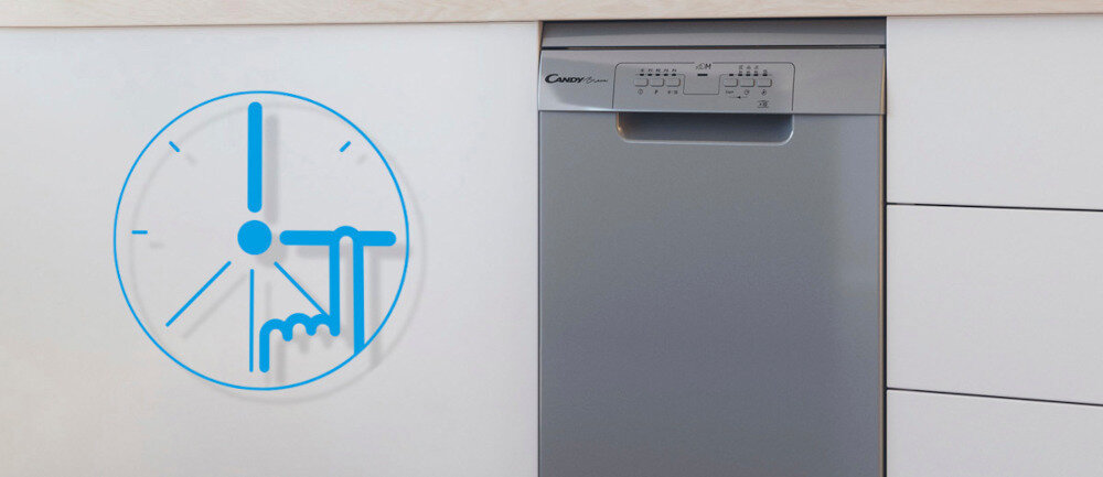 Zmywarka w zabudowie z widocznym panelem sterowania i logo \'Candy Brava\'. Obok zmywarki znajduje się niebieska grafika przedstawiająca zegar z symbolem ręki.