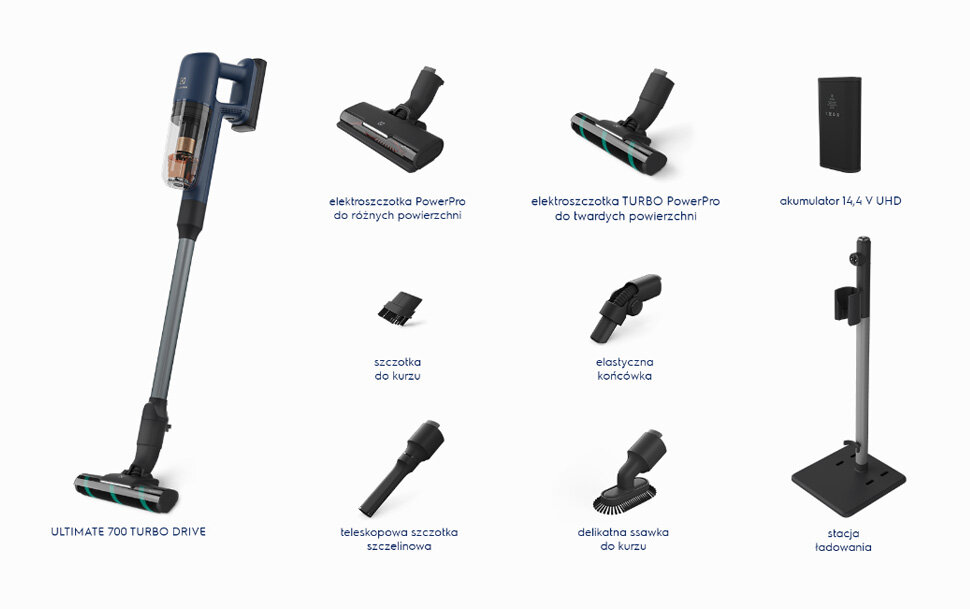Na obrazie znajduje się odkurzacz pionowy z różnymi akcesoriami, w tym elektroszczotkami, szczotkami do kurzu, elastyczną końcówką, teleskopową szczotką szczelinową, delikatną ssawką do kurzu, akumulatorem 14,4 V UHD oraz stacją ładowania. Widoczny jest tekst: \'ULTIMATE 700 TURBO DRIVE\', \'elektroszczotka PowerPro do różnych powierzchni\', \'elektroszczotka TURBO PowerPro do twardych powierzchni\', \'akumulator 14,4 V UHD\', \'szczotka do kurzu\', \'elastyczna końcówka\', \'teleskopowa szczotka szczelinowa\', \'delika