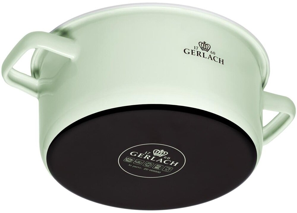 Na zdjęciu widoczny jest pastelowo zielony garnek z dwoma uchwytami. Na boku garnka znajduje się logo \'Gerlach 1760\', a na spodzie widoczne są symbole użytkowania oraz napis \'Gerlach\'.