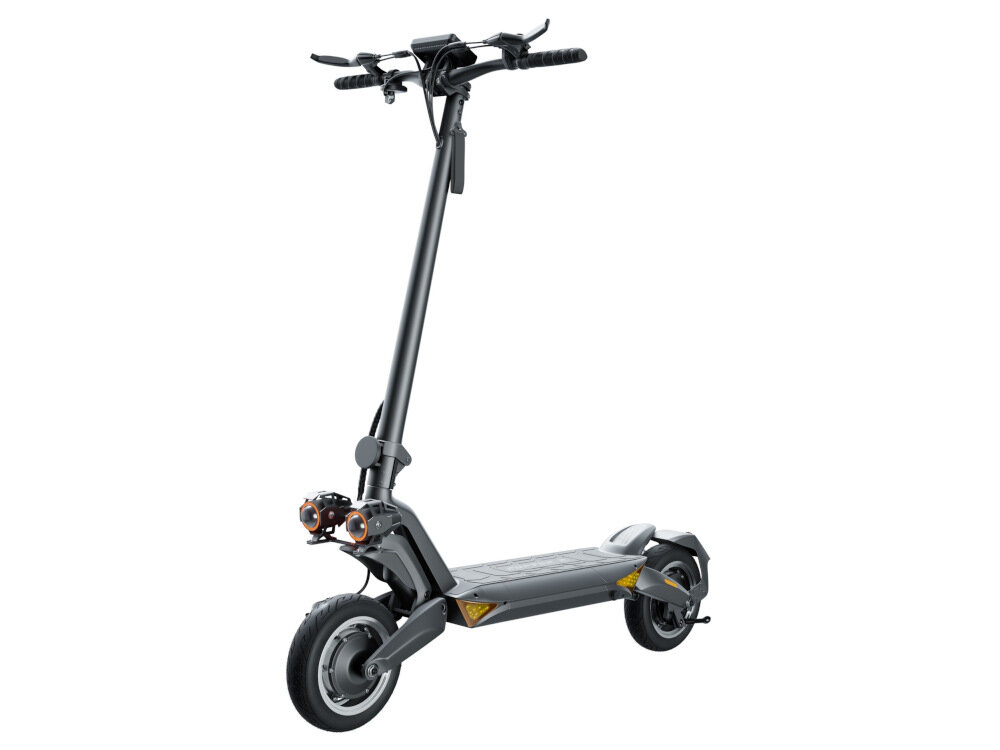 Czarna hulajnoga elektryczna z dużymi kołami i dwoma reflektorami z przodu. Posiada solidną konstrukcję z amortyzatorami i szeroką platformą do stania.