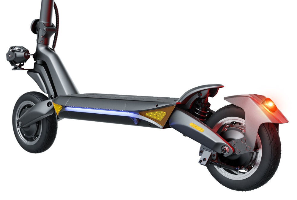 Czarna hulajnoga elektryczna z widocznymi amortyzatorami i oświetleniem LED. Posiada solidne koła i nowoczesny design.