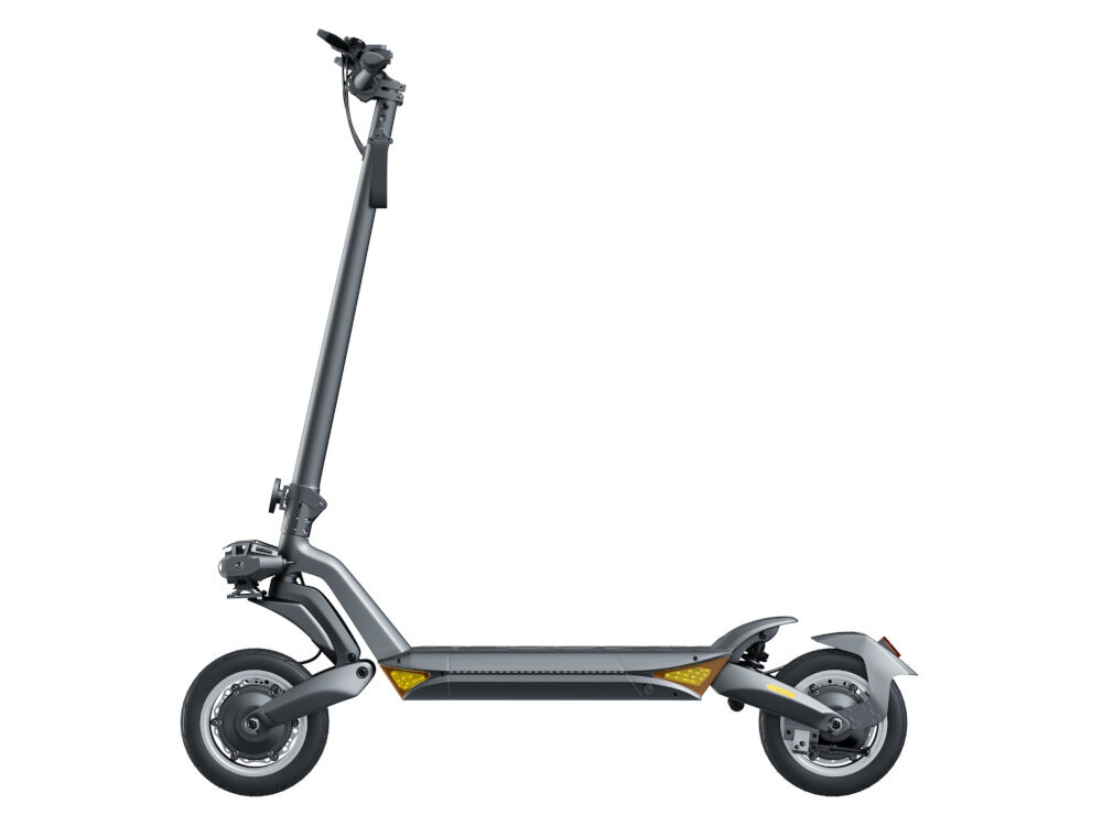 Czarna hulajnoga elektryczna z dużymi kołami i amortyzatorami. Posiada długi podest i kierownicę z wyświetlaczem oraz reflektorem.