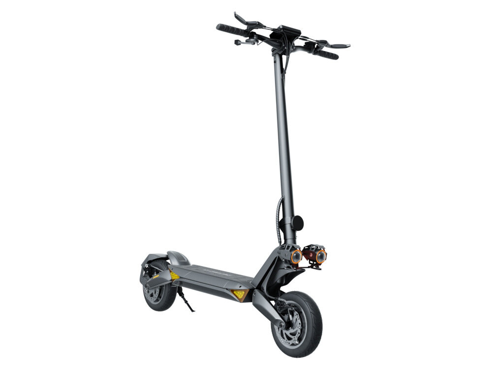 Czarna hulajnoga elektryczna z dużymi kołami i dwoma amortyzatorami. Posiada kierownicę z manetkami oraz reflektory z przodu.