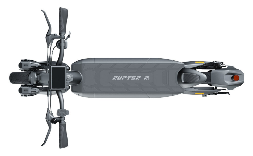 Widok z góry na czarną hulajnogę elektryczną z napisem \'RUPTOR R6\' na platformie. Hulajnoga posiada dwa amortyzatory i wyświetlacz na kierownicy.