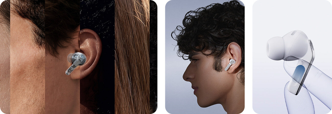 łuchawki Samsung Galaxy Buds, na uchu oraz zbliżenie na słuchawkę z funkcją dotykową.