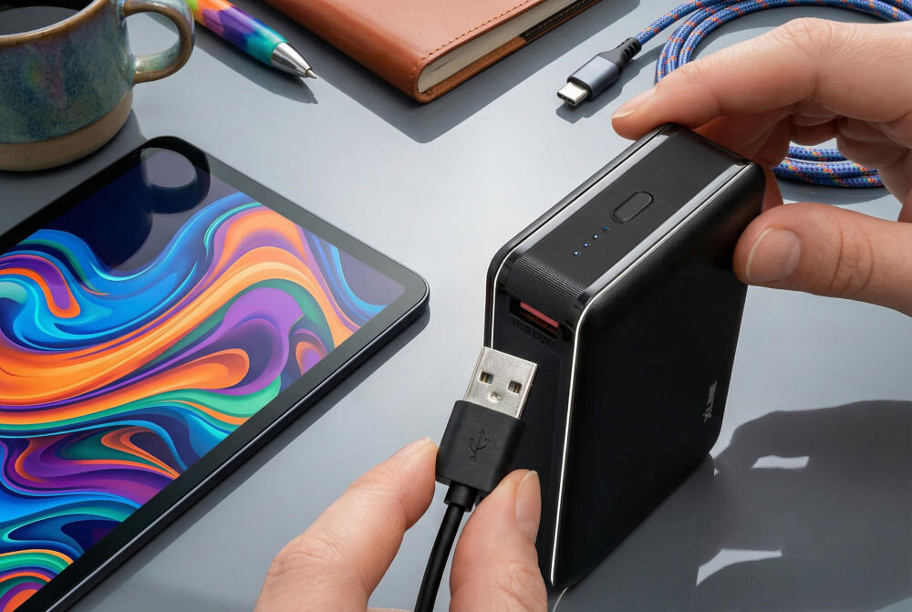 Osoba trzyma czarny powerbank z widocznymi diodami LED i podłącza do niego kabel USB. W tle znajduje się kolorowy smartfon, filiżanka, notes i kabel USB-C.