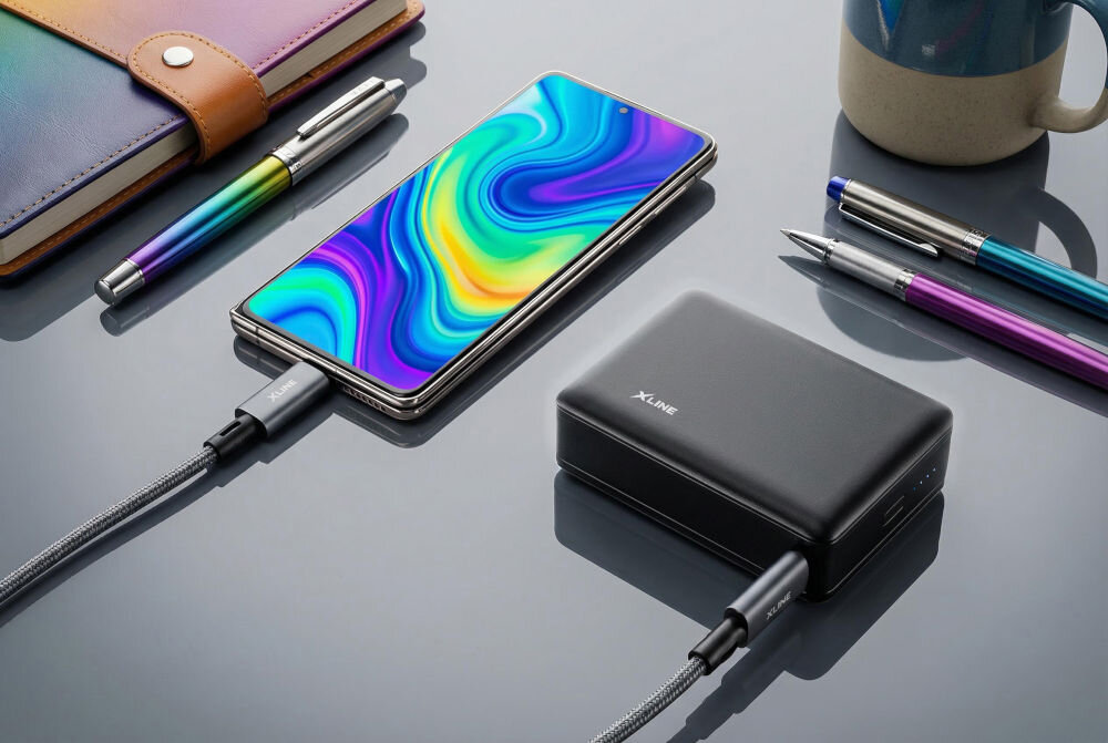 Na obrazie znajduje się czarny powerbank z logo \'XLINE\', podłączony do smartfona z kolorowym wyświetlaczem. Obok leżą długopisy, notes i kubek.