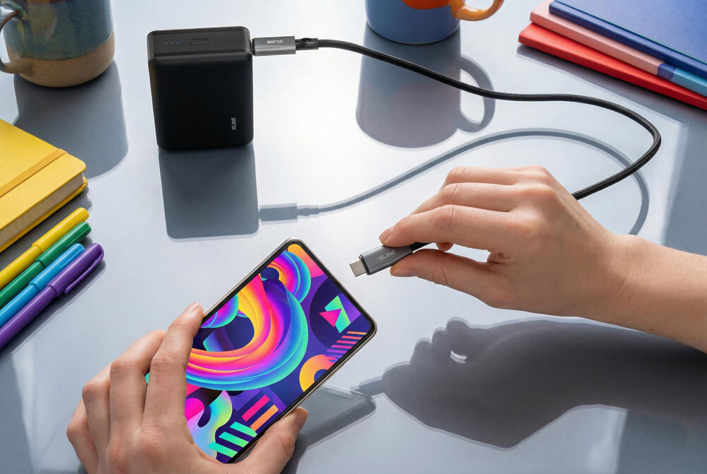 Na obrazie widać czarny powerbank podłączony do smartfona za pomocą kabla. W tle znajdują się kolorowe zeszyty i kubek.