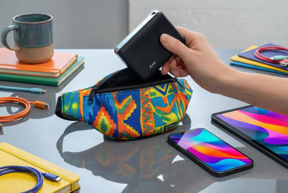 Osoba wkłada czarny powerbank z logo \'XLINE\' do kolorowej saszetki na stole, obok którego znajdują się smartfon, tablet, kubek oraz różnokolorowe kable i zeszyty.