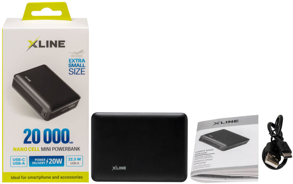 Na zdjęciu znajduje się czarny powerbank marki XLINE oraz jego opakowanie z napisem \'20 000 mAh NANO CELL MINI POWERBANK\'. Obok leży instrukcja obsługi i kabel USB.