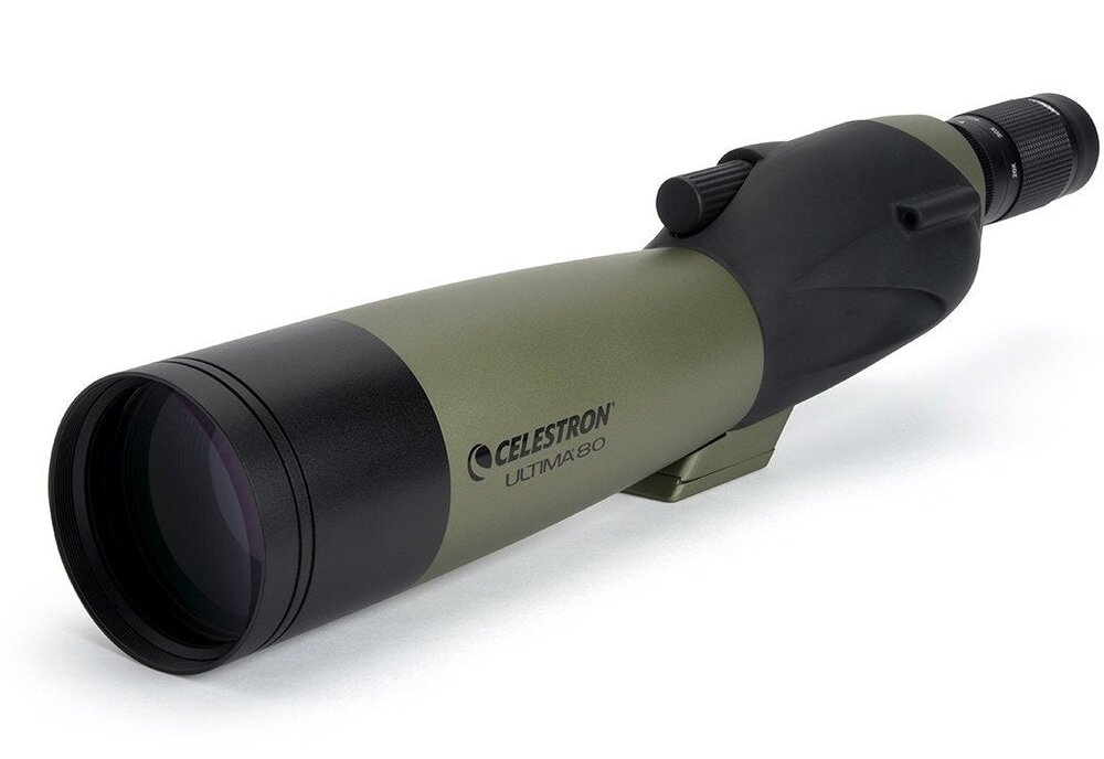 Luneta w kolorze zielonym z czarnymi elementami, z widocznym logo \'CELESTRON Ultima 80\'.