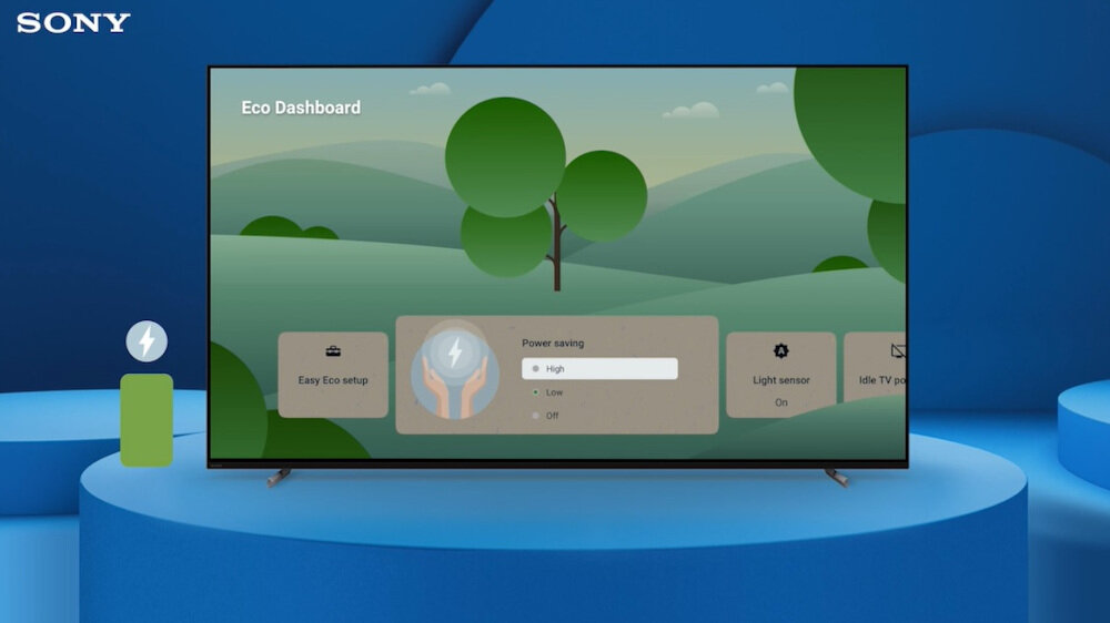 Telewizor z logo SONY wyświetla ekran z napisem \'Eco Dashboard\' oraz opcjami oszczędzania energii. W tle widoczna jest grafika przedstawiająca zielone wzgórza i drzewa.