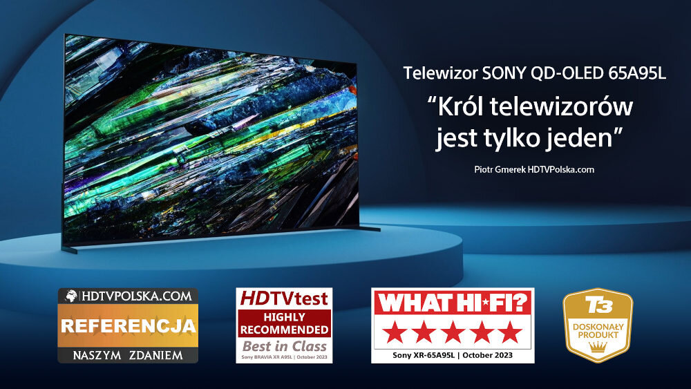 Telewizor z dynamicznym, kolorowym obrazem na ekranie, obok którego znajduje się tekst: \'Telewizor SONY QD-OLED 65A95L \