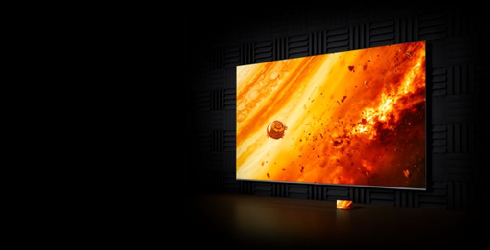 Telewizor XIAOMI S Mini 2026 55 55 cali 4K Mini LED kinowe wrażenia duży ekran szczegółowy obraz, telewizor po skosie na czarnym tle