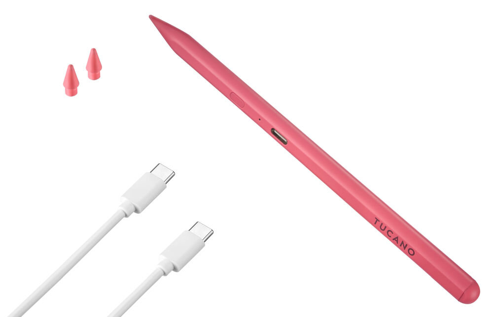 Różowy rysik z napisem \'TUCANO\', dwie wymienne końcówki oraz dwa białe kable USB-C.