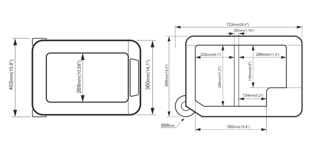 Schemat lodówki z wymiarami w milimetrach i calach. Widoczne są dwa widoki: z góry i z boku, z oznaczeniami wymiarów zewnętrznych i wewnętrznych.