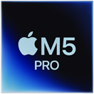 Logo z napisem \'APPLE M5 PRO\' na tle w odcieniach niebieskiego i czarnego.
