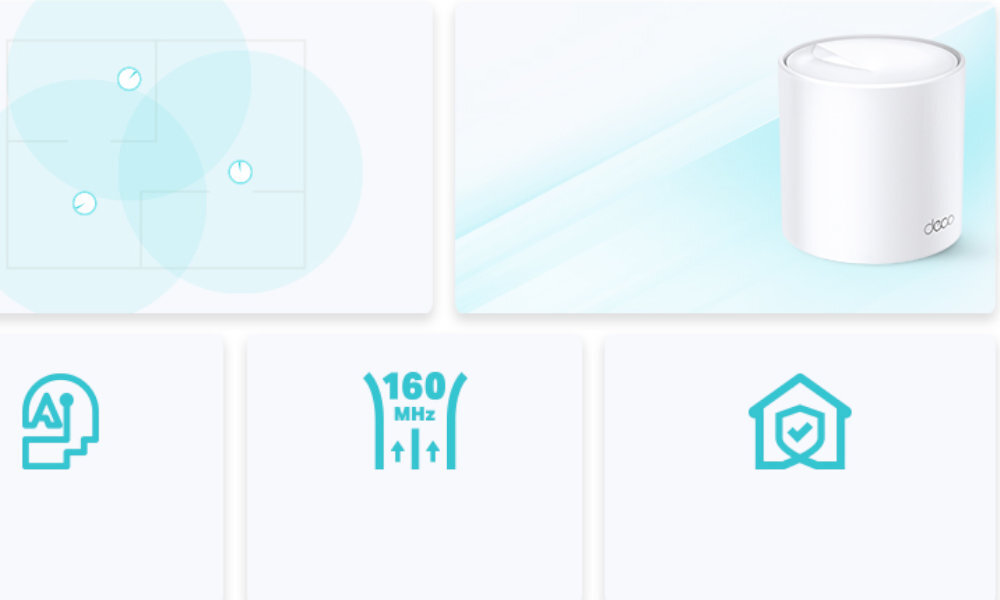 Obraz przedstawia biały, cylindryczny router z logo \'deco\' na tle gradientu w odcieniach błękitu. Poniżej znajdują się ikony: głowa z symbolem AI, napis \'160 MHz\' z dwoma strzałkami oraz dom z tarczą.