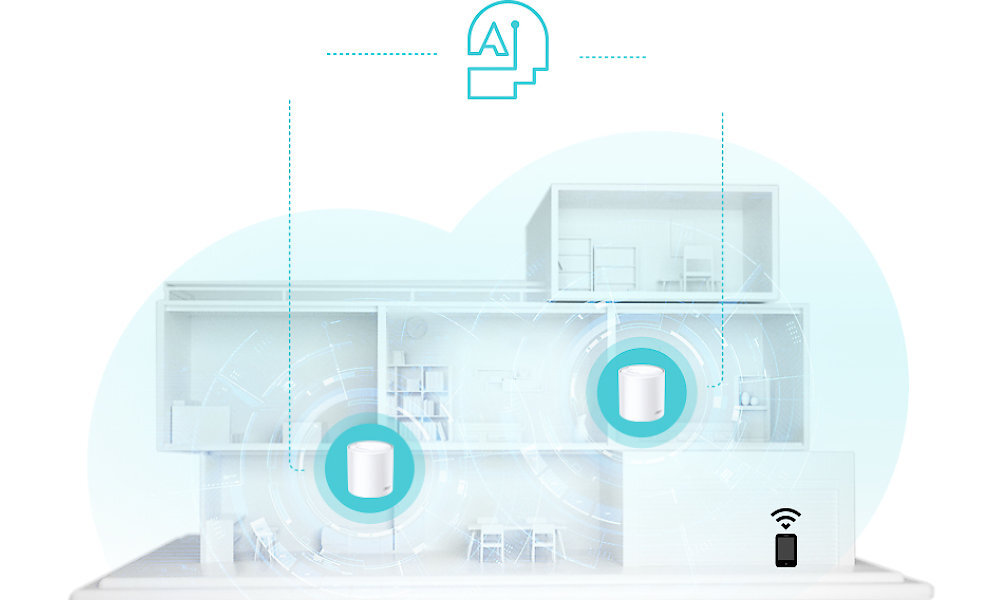 Schematyczny przekrój domu z dwoma urządzeniami sieciowymi rozmieszczonymi na różnych piętrach. Nad domem znajduje się ikona z napisem \'AI\', a na dole ikona sygnału Wi-Fi i smartfona.