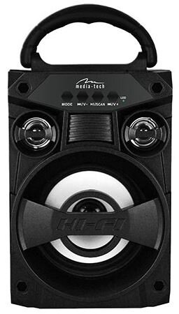 Czarny głośnik mobilny z uchwytem, posiada dwa mniejsze głośniki i jeden większy z napisem \'HI-FI\'. Widoczne logo \'media-tech\' oraz przyciski z oznaczeniami \'MODE\', \'M/V-\', \'M/V+\', \'LED\'.