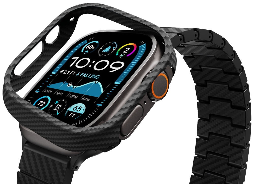 Zegarek z czarno-szarym etui o strukturze przypominającej włókno węglowe, z wyświetlaczem pokazującym godzinę 10:09 i wykres wysokości. Pasek zegarka ma podobny wzór jak etui.