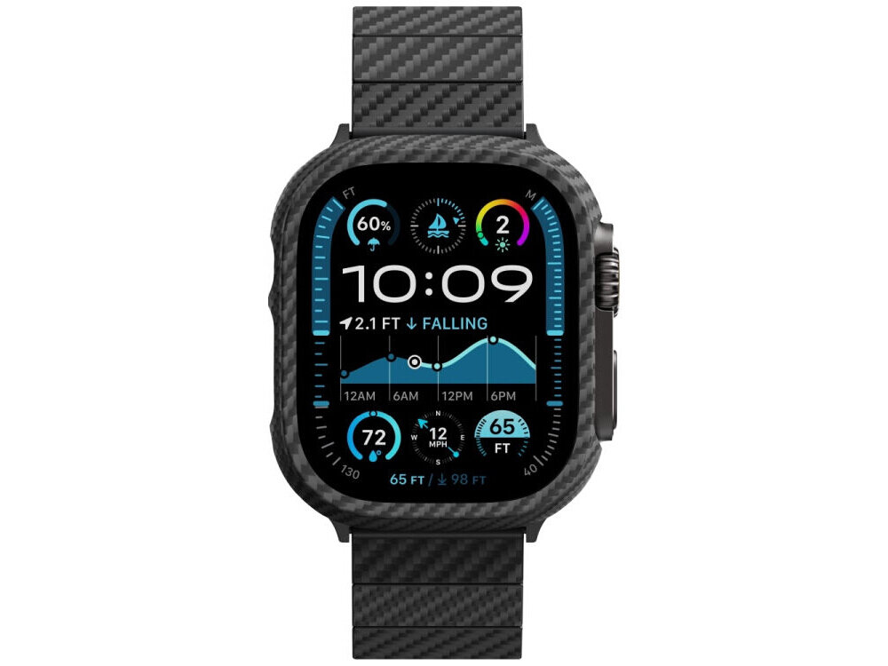 Smartwatch z czarno-szarym etui o wyglądzie włókna węglowego, wyświetlający tarczę z różnymi wskaźnikami, w tym czas 10:09 i wykres wysokości. Na ekranie widoczne są także ikony i dane dotyczące pogody oraz aktywności fizycznej.
