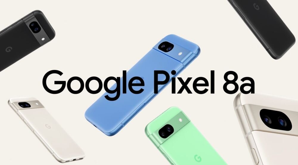 Na obrazie widoczne są smartfony w różnych kolorach, w tym niebieskim, zielonym, czarnym i białym. Na środku znajduje się tekst: \'Google Pixel 8a\'.
