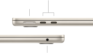 Zamknięty MacBook Air, pokazany z lewego boku, gdzie widać port MagSafe i dwa porty Thunderbolt, oraz z prawego, gdzie widać gniazdo słuchawkowe