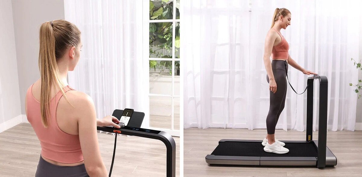 Na obrazie widać osobę korzystającą z bieżni elektrycznej w jasnym pomieszczeniu. Bieżnia ma nowoczesny design z panelem sterującym i jest ustawiona na drewnianej podłodze.