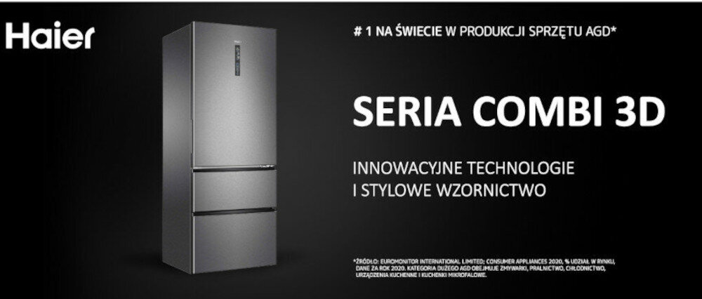 Obraz przedstawia czarną lodówkę z dwoma dolnymi szufladami na ciemnym tle. Widoczny tekst: \'Haier\', \'#1 NA ŚWIECIE W PRODUKCJI SPRZĘTU AGD*\', \'SERIA COMBI 3D\', \'INNOWACYJNE TECHNOLOGIE I STYLOWE WZORNICTWO\'.