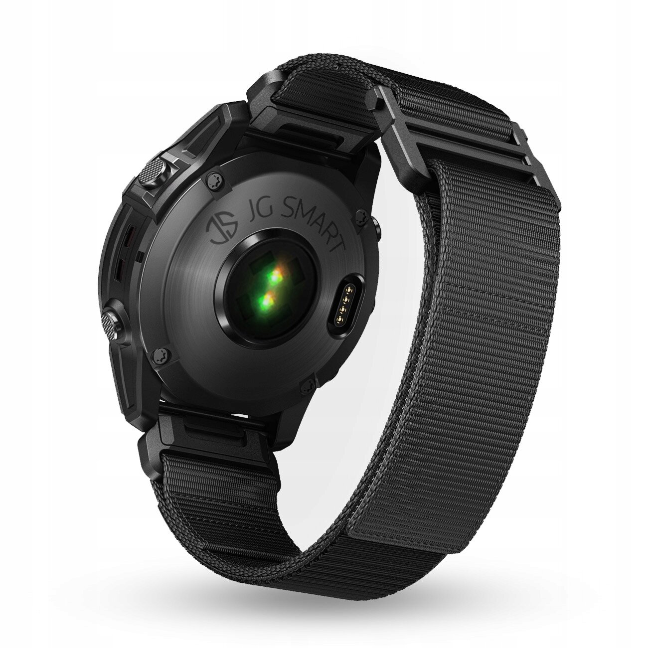 Czarny pasek nylonowy przymocowany do tylnej części zegarka z widocznym logo \'JG SMART\'.