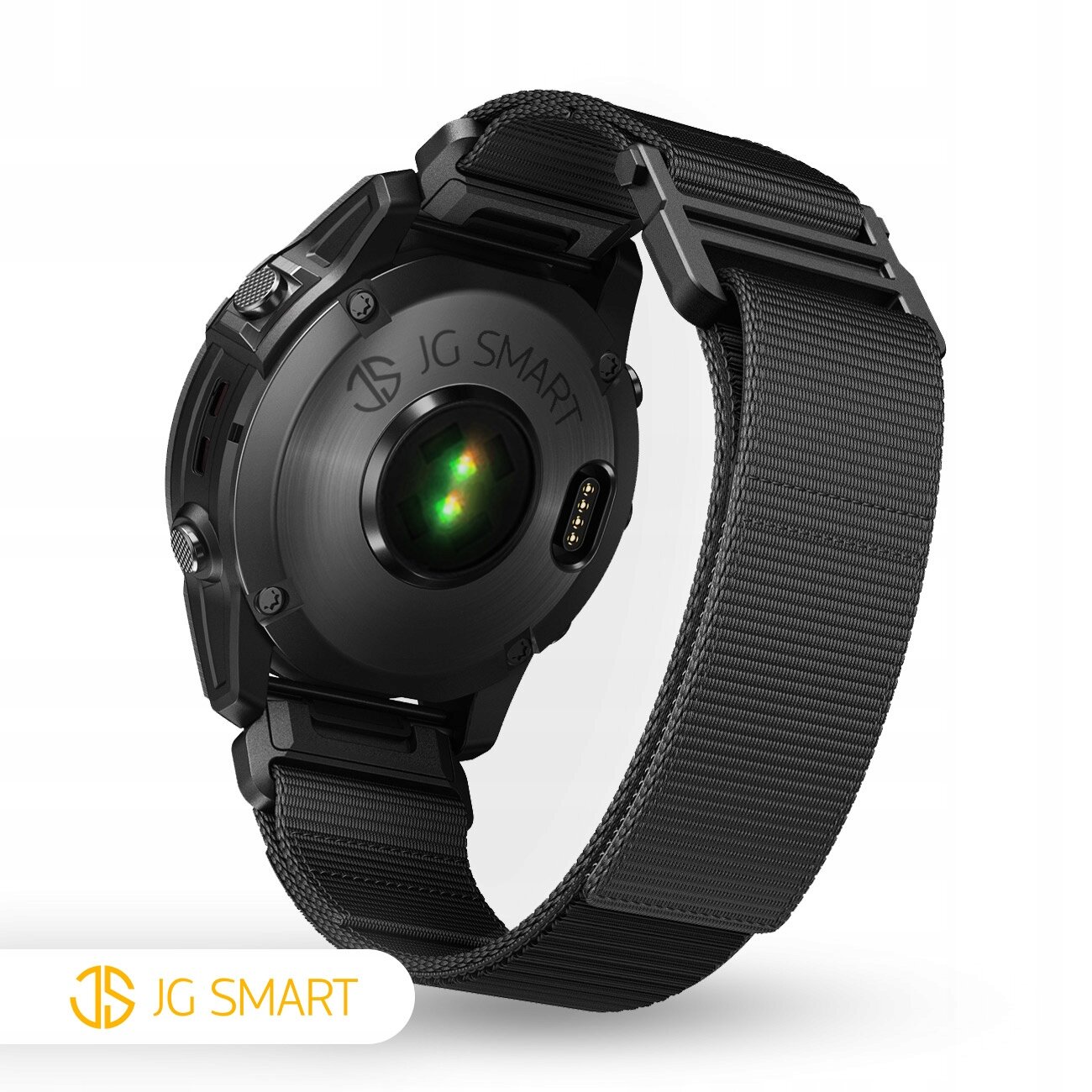 Czarny pasek nylonowy do zegarka z logo JG SMART na kopercie. Widoczny jest zielony sensor na spodzie zegarka.