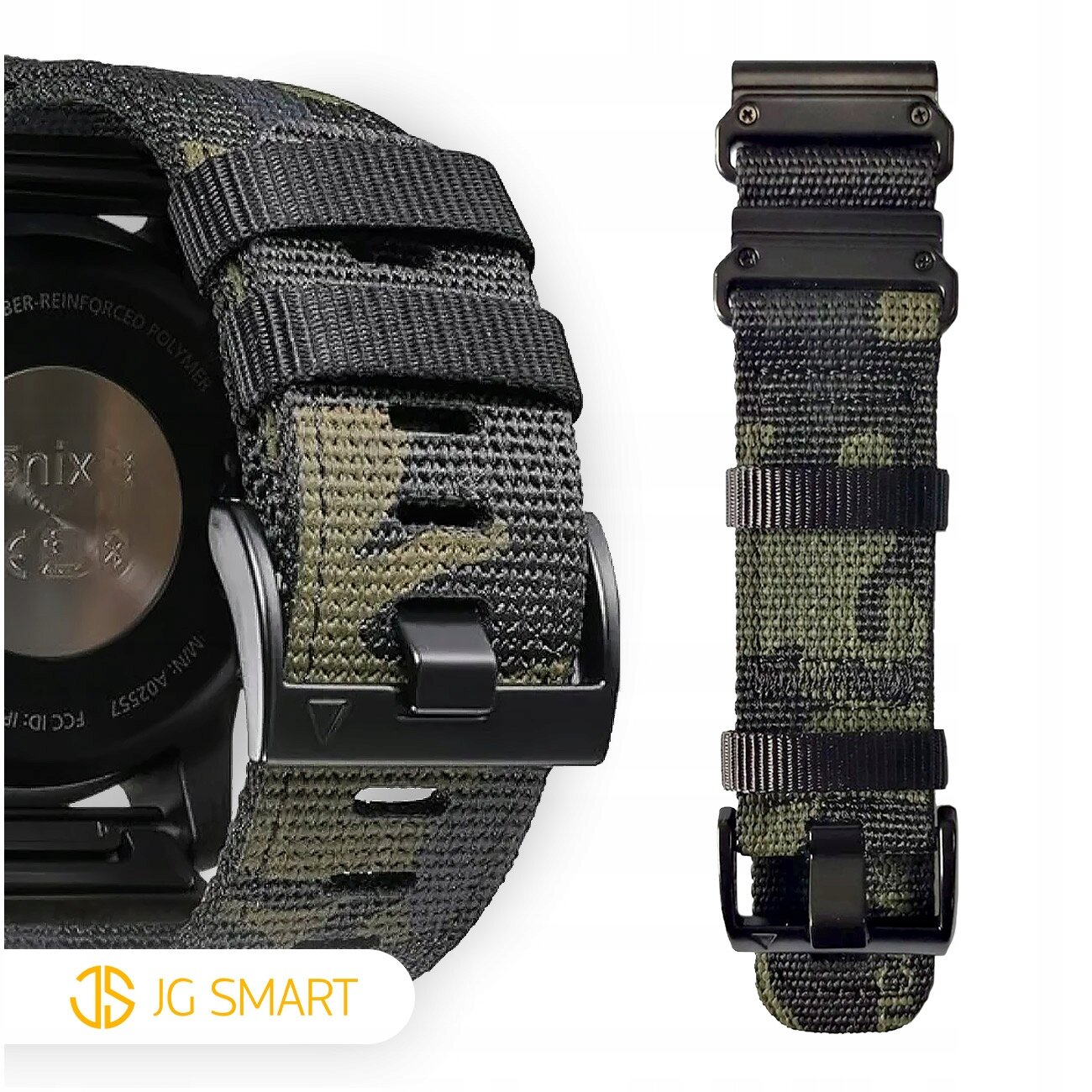 Na obrazie widoczny jest nylonowy pasek do zegarka w kolorze moro z metalowymi zapięciami. W lewym dolnym rogu znajduje się logo \'JG SMART\'.