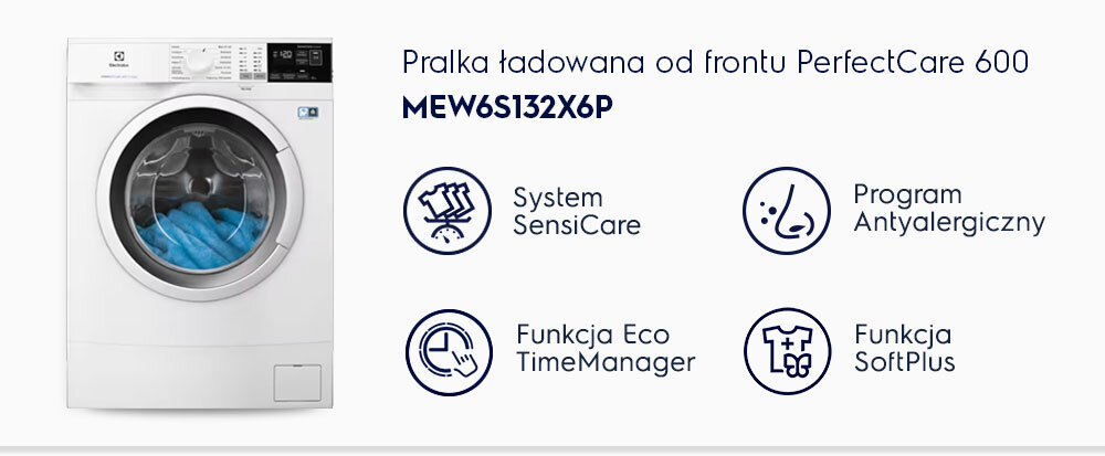 Obraz przedstawia pralkę ładowaną od frontu z serii PerfectCare 600, model MEW6S132X6P. Obok pralki znajdują się ikony z opisami: System SensiCare, Program Antyalergiczny, Funkcja Eco TimeManager, Funkcja SoftPlus.